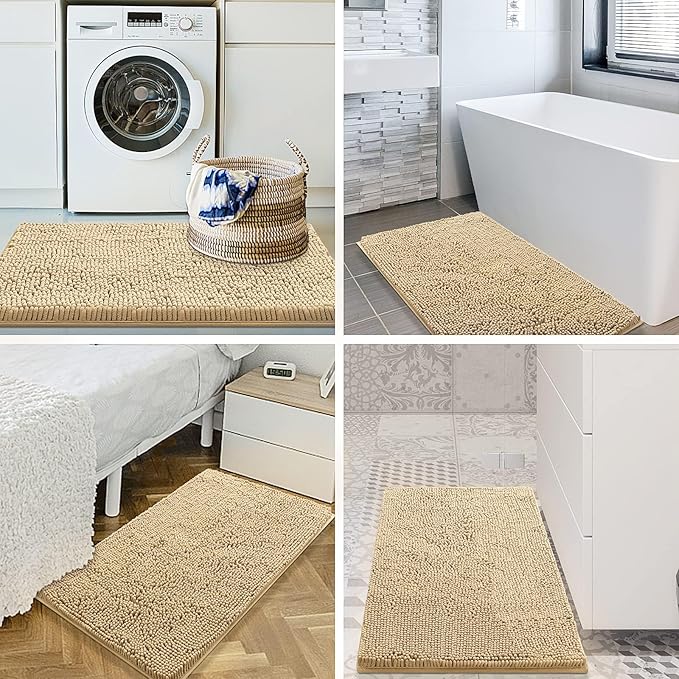 Smiry Luxury Chenille Bathroom Rugs 70x24, Extra Soft and Absorbent Shaggy Bath Mat, Machine Washable, Non-Slip Plush Carpet Runner for Tub, Shower, and Floor, Home Decor Accessories, Beige