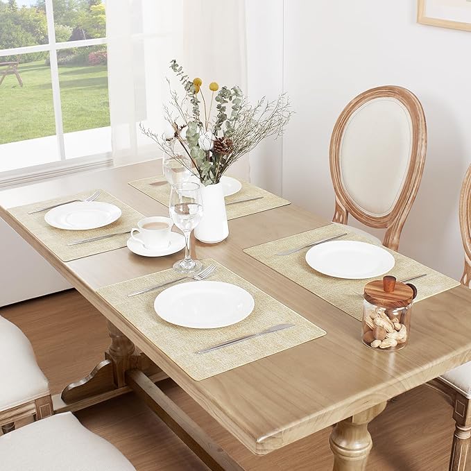 Softalker Faux Leather Placemats Set of 6-Vinyl Heat Resistant Place Mats, 100% Waterproof Oilproof Wipe Clean Table Mats for Indoor & Outdoor Use, 17’’×12’’, Beige