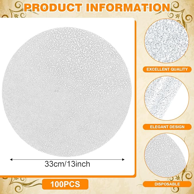100 Piece Silver Placemats 13 Inch Disposable Silver Foil Place Mats Round Mesh Pressed Paper Placemat for Elegant Wedding, Birthday Party, Church Banquet, Dinners, and Dining Room Table Decor