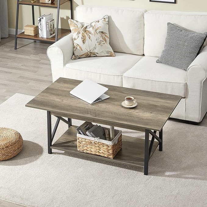 GreenForest Coffee Table with Storage, 43 inch Large Modern Coffee Tables for Living Room, X-Frame Design Farmhouse Coffee Table Space Saving Living Room Tables, Easy Assembly, Grey Wash