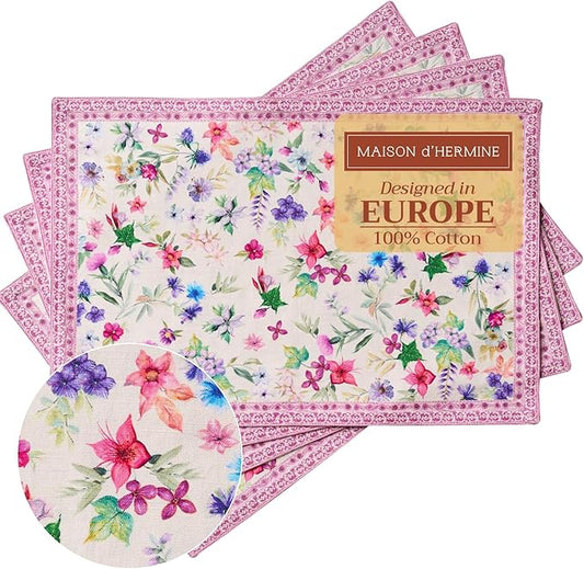 Maison d' Hermine Placemats Set of 4 100% Cotton Washable Cloth Place Mats, Reusable Table Mats for Kitchen Dining Decoration, Party, Wedding, Restaurant Spring/Summer (Chardon, 13" x 19")