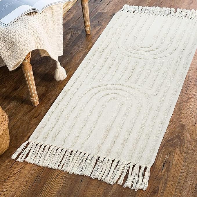 LEEVAN Boho Kitchen Runner Rug 2'x4' Cotton BlendLaundry Room Beige Rainbow with Tassels Washable Farmhouse Bathroom Bohemian Rugs for Bedroom Hallway Throw Runner Rug/Kitchen Sink