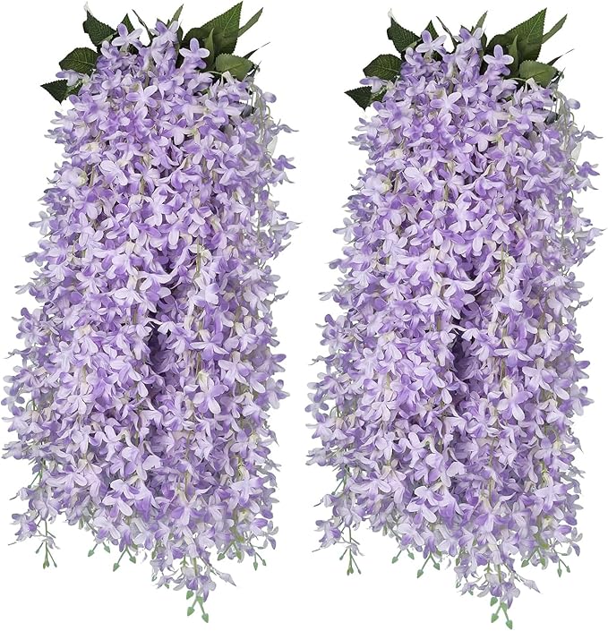 RECUTMS Artificial Lilac Flowers Garland 33.5in Faux Hanging Wisteria Vines 6Pcs Fake Silk Lilac Floral Decoration for Home Garden Wedding Arch Birthday Party Indoor Outdoor (Purple)
