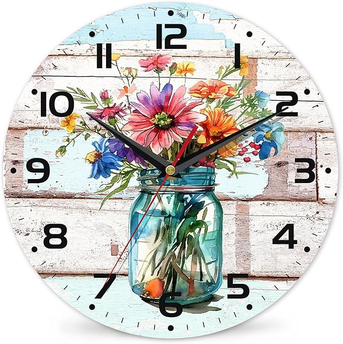 Watercolor Spring Flower Wall Clock, Vintage Wooden Silent Non-Ticking Battery Operated with Arabic Numerals, Decorative for Kitchen, Office, 10 Inch