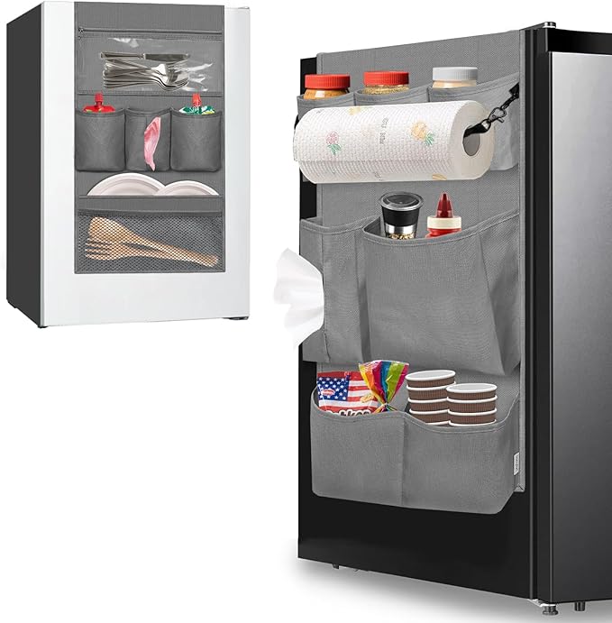 homyfort Mini Fridge Organizer, Over The Fridge Storage Organizer with 14 Pockets, College Dorm Fridge Storage for Office, Kitchen, Home, School, Gray