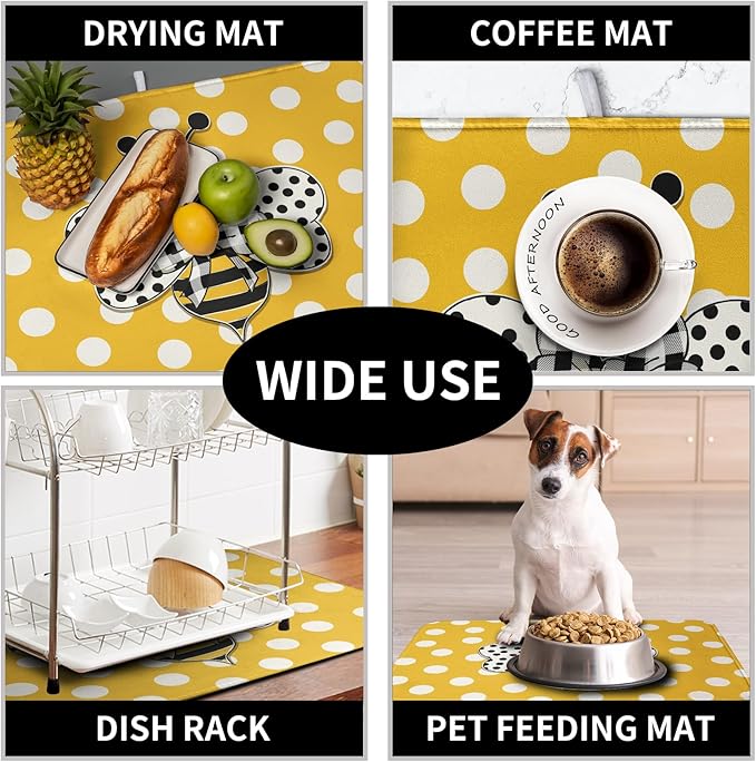 Bee Dish Drying Mat for Kitchen Counter 16x18 Inch Yellow Honey Bees Polka Dots Dishes Pad Cute Bumblebee Dish Draining Microfiber Absorbent Dish Drainer Rack Mat Medium Kitchen Accessories