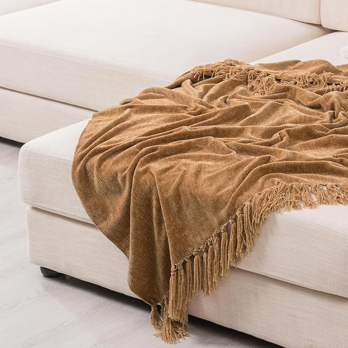 EVERGRACE Soft Chenille Throw Blanket for Couch, Cozy Plush Fuzzy Decorative Chenille Knit Throw Blanket with Tassels, Lightweight Blanket and Throws for Bed Sofa Gift Home Decor, Khaki 50"x60"