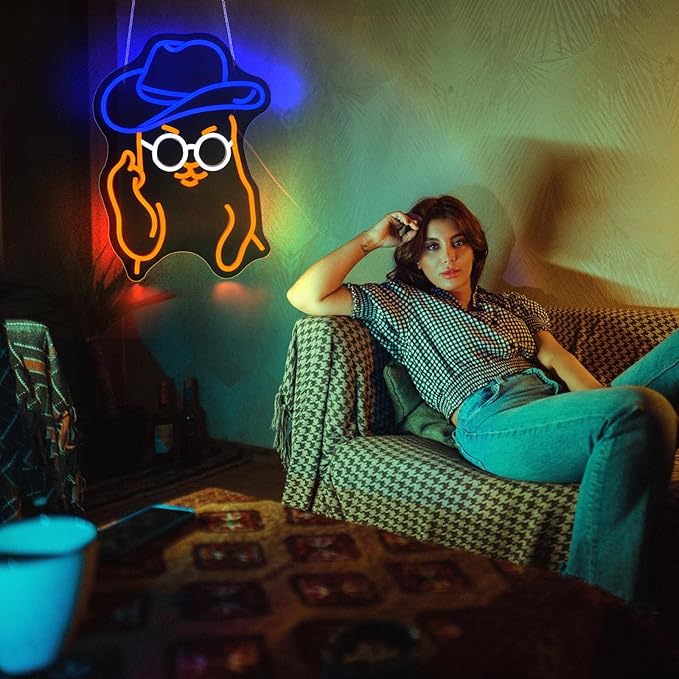 Cat Cowboy Neon Sign for Wall Decor Led Neon Signs Light Up Sign Room Decor Neon Lights Sign USB Powered