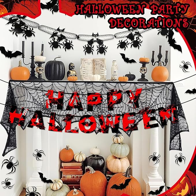 Indoor/Outdoor Halloween Decor Set - Mantel Scarf, Pumpkin Spider Table Runner, Window Stickers, 3d Bats & Spiders, Happy Halloween Banner, Spiders Hanging Garland