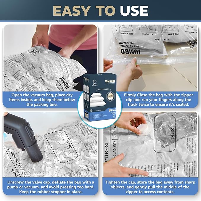 8 pack XXL Jumbo Vacuum Storage Bags - Vacuum Seal Bags for Clothing, Bedding, Blankets - Storage And Organization – Space Saver Vacuum Storage Bags - 4XXL (47x35in) + 4Jumbo (39.5x31.5in)