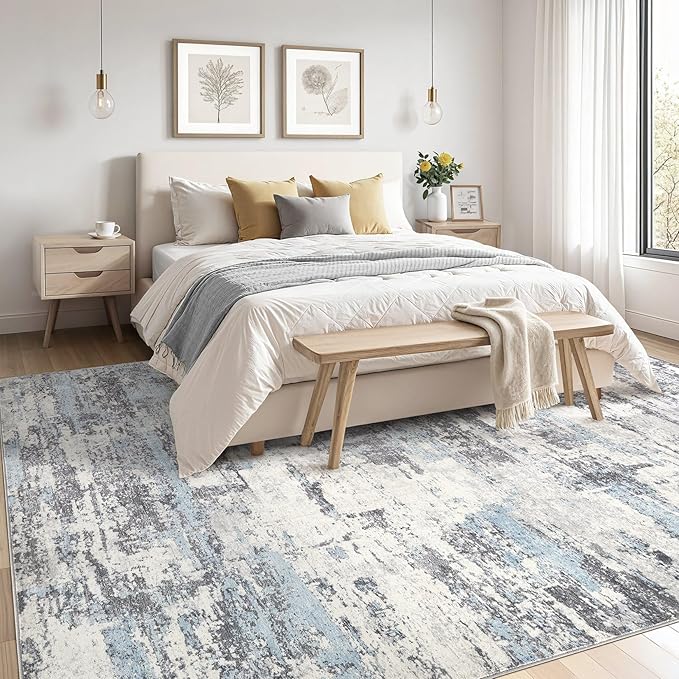 Area Rugs for Living Room: 8x10 Abstract Washable Rug Modern Neutral Large Soft Stain Resistant Non-Slip Backing Machine Table for Bedroom Dining Room Indoor Home Office Carpet - Blue Grey