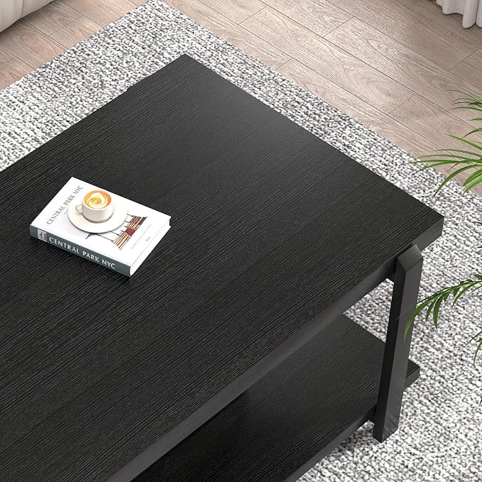 FOLUBAN Black Coffee Table, Modern Rustic Wood Center Table with Storage for Living Room, Industrial Rectangle 2 Tier Cocktail Tea Table, Black Oak