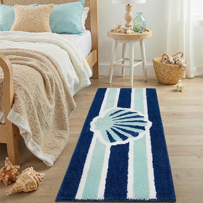 Navy Blue Beach Long Bathroom Rugs Runner Non Slip Washable Cute Coastal Bath Mats Rugs for Bathroom Floor Nautical Fluffy Plush Soft Absorbent Farmhouse Carpet for Shower, Tub, 20x47 inch