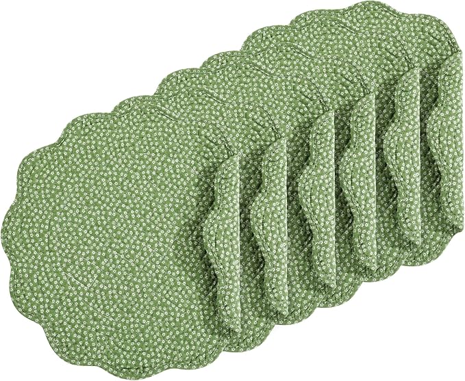 HOMBYS Quilted Placemats Set of 6 Washable Round Placemats for Kitchen Table-100% Cotton Fabric 13 Inch Round Table Mats, Cotton Fabric with Microfiber Filling, (13"x13",Green & White Flower)