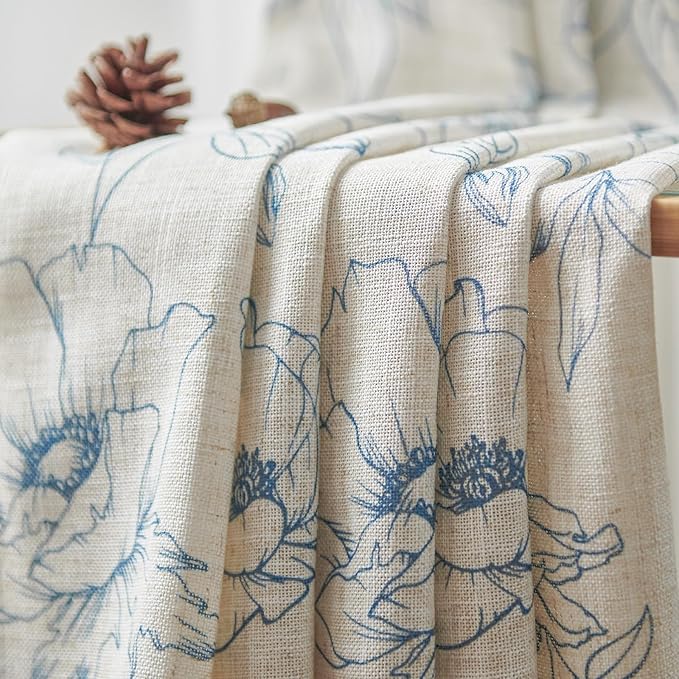 jinchan Floral Linen Curtains for Living Room 96 Inch Length Blue Flower Curtain Rod Pocket Back Tab Farmhouse Curtains with Printed Floral Bedroom Window Curtain Set, 2 Panels Blue