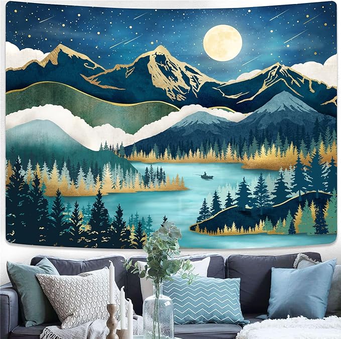 Accnicc Mountain Tapestry Nature Forest Tree Tapestries for Bedroom Aesthetic Starry Night Moon Stars Tapestrys Wall Hanging Teal Abstract Wall Tapestry for Dorm Living Room (Teal, 90'' × 68'')