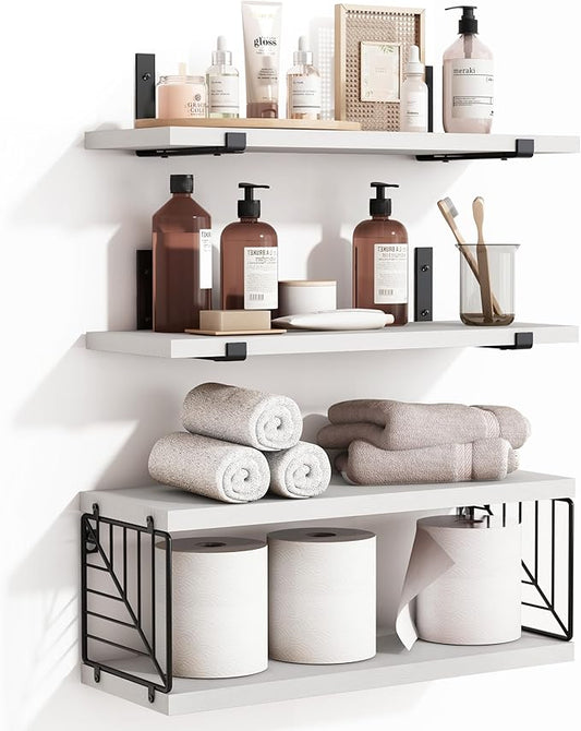 Fixwal 3+1 Tier Bathroom Floating Shelves Over Toilet, 15.8in Farmhouse Rustic Wood Shelves, Wall Decor for Bathroom, Living Room,Bedroom and Kitchen (White)