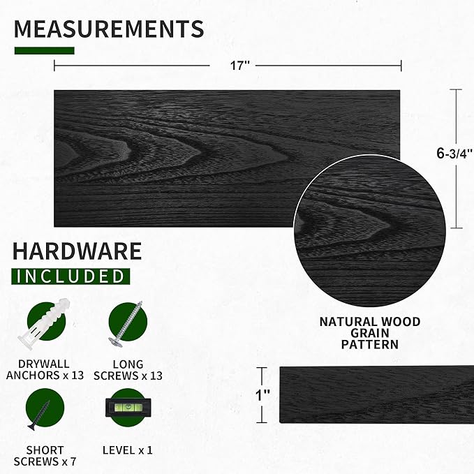 Marsmiles Wood Floating Shelves for Wall Set of 3, 17 Inch Wide Rustic Wooden Floating Shelves, Invisible Wall Mounted Display for Living Room Bedroom Kitchen Bathroom Office, Black