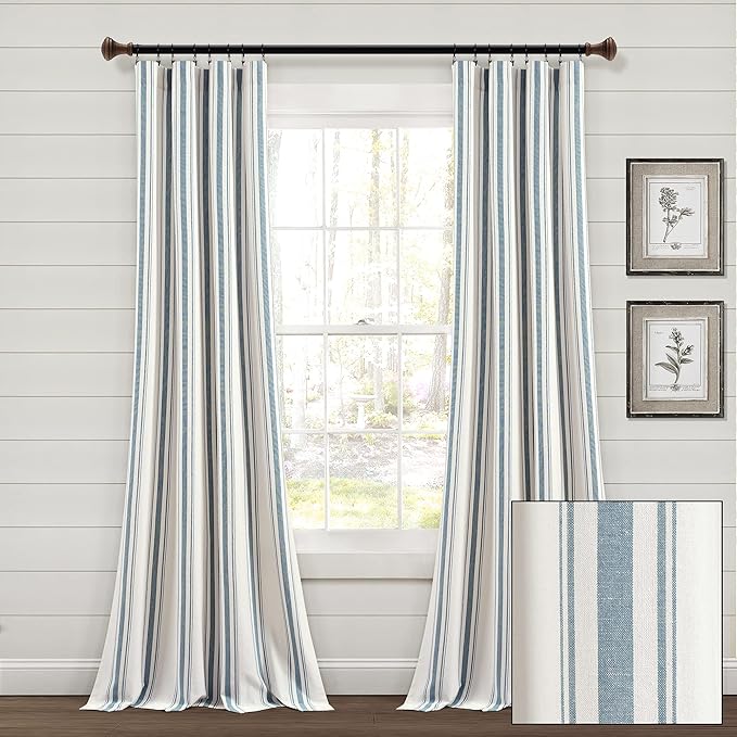Lush Decor Farmhouse Stripe Yarn Dyed Cotton Window Curtain Panel Pair, 42" W x 84" L, Blue - Classic Modern Rustic Charm - Eco Friendly Cotton Fabric, Rod Pocket, Farmhouse stripe