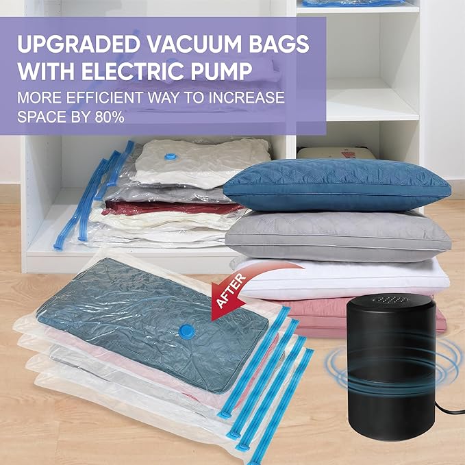 Vacuum Storage Bags with Electric Pump, 22 Combo (3Large/3Jumbo/8Medium/8Small) Space Saver Bags Vacuum Seal Bags with Pump, Space Bags, Comforters, Blankets, Beddings