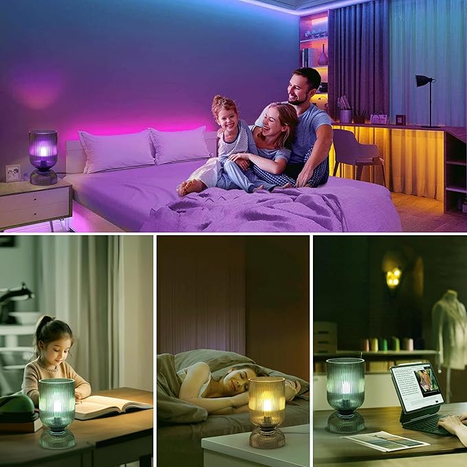 Modern RGB Glass Table Lamp with Remote,Color Changing Bedside Lamp with Green Glass Shade, 16 Colors, On/Off Cord Switch, Nightstand Lamp for Bedroom, Living Room, Office,Bulb Included