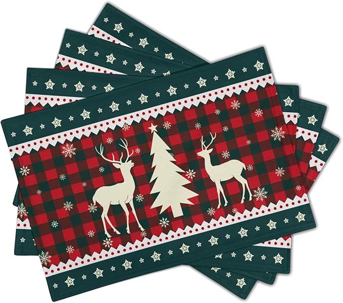 Christmas Elk Snowflakes Placemats Set of 4 for Dining Table,Xmas Reindeer Red Green Buffalo Plaid Washable Table Mats Placemats for Winter Kitchen Holiday Coffee Place Mat 18 x12 Inch