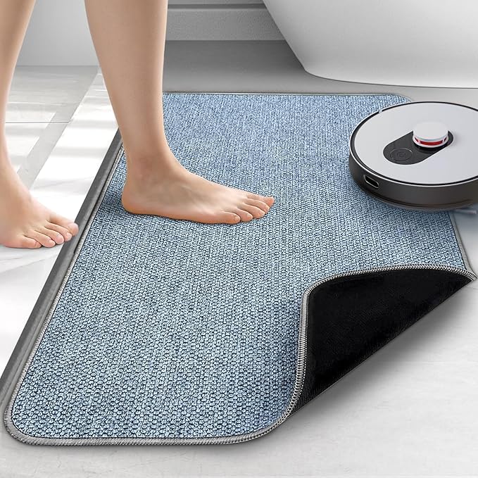 Upgraded Thin Bathroom Rugs, Bath Mat Super Absorbent, Bath Rugs Rubber Backing Non-Slip, Quick Dry Machine Washable, Cozy Cloth Bathroom Mat fit Under Door/Sink/ Bathtub/Shower/Kids 17''x27''-Blue