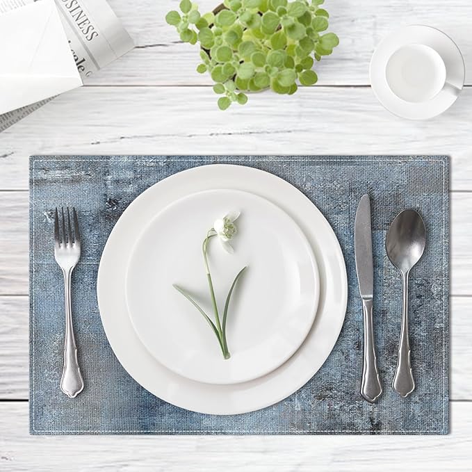 Emvency Farmhouse Placemats Set of 4, 12x18 Inch Modern Abstract Art Painting Denim Blue Table Mats for Outdoor Home Party Kitchen Dining Decoration