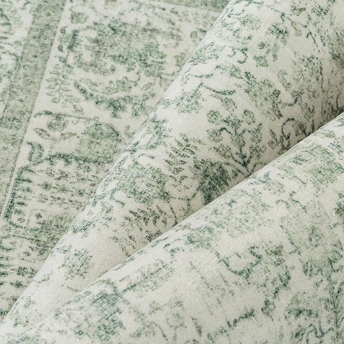 Green Area Rug 3x5 Office Entryway Rug Machine Washable Kitchen Vintage Distressed Non Slip Carpet Indoor Retro Floral Accent Throw Door Mat for Bathroom Bedroom Dining Living Room