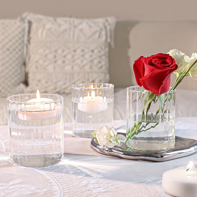 ComSaf 6pcs Glass Cylinder Vases 4 Inch Tall, Small Vase for Flowers, Short Ribbed Vases for Centerpieces, Clear Hurricane Glass Candle Holders for Table Party Home Decor