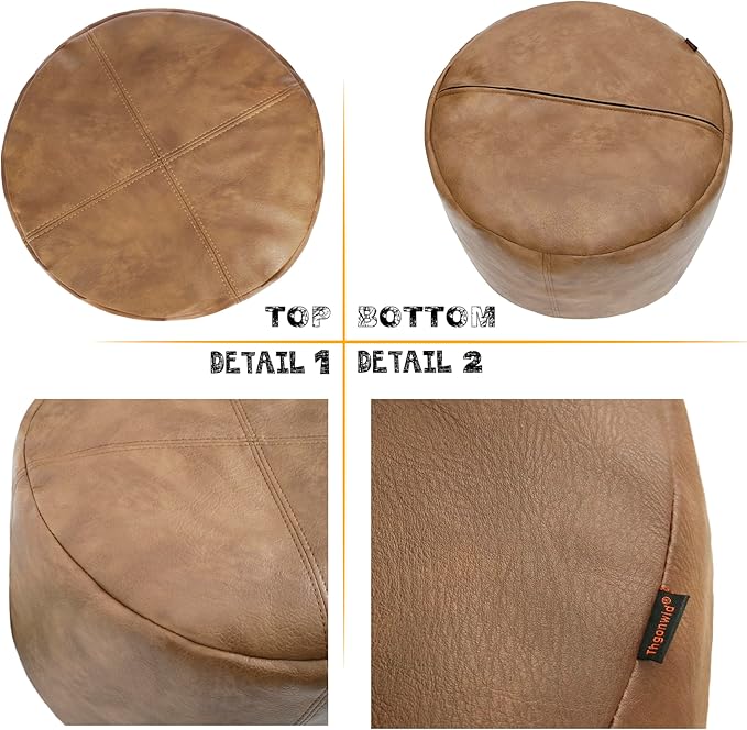 Thgonwid Unstuffed Faux Leather Pouf Cover, Handmade Footstool Ottoman Storage Solution, Floor Footrest Cushion - 16.5”Dx12”H, Mocha