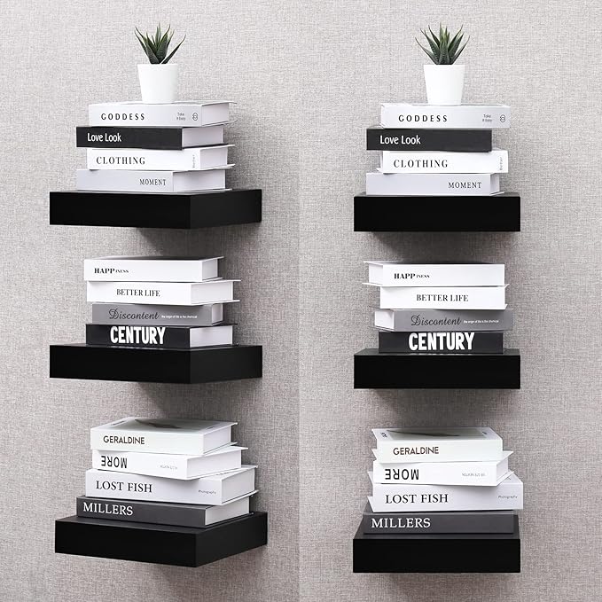 WELLAND 9 1/4 inch Black Mission Floating Shelves for Wall, Bathroom Wall Mount Shelves, Wood Modern Display Shelves, Book Shelves,for Bedroom,Living Room and Kitchen