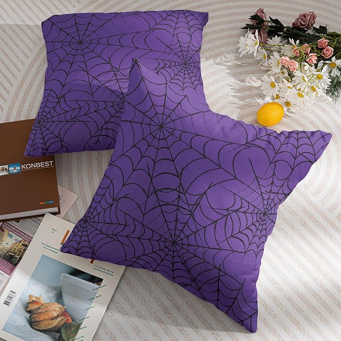 Purple Halloween Spiderweb Pillow Covers 20x20 Set of 2 Black Web Outdoor Decorative Throw Pillows Halloween Scary Themed Farmhouse Pillowcases Linen Cushion Case Decor for Home Sofa Couch Bed