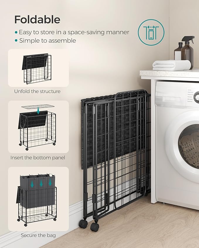 SONGMICS Laundry Hamper, 130L Laundry Basket with Lid, Clothes Hamper with Wheels, Collapsible Removable Liner Bag, Iron-Made Laundry Sorter, Ink Black and Slate Gray ULCB313B11