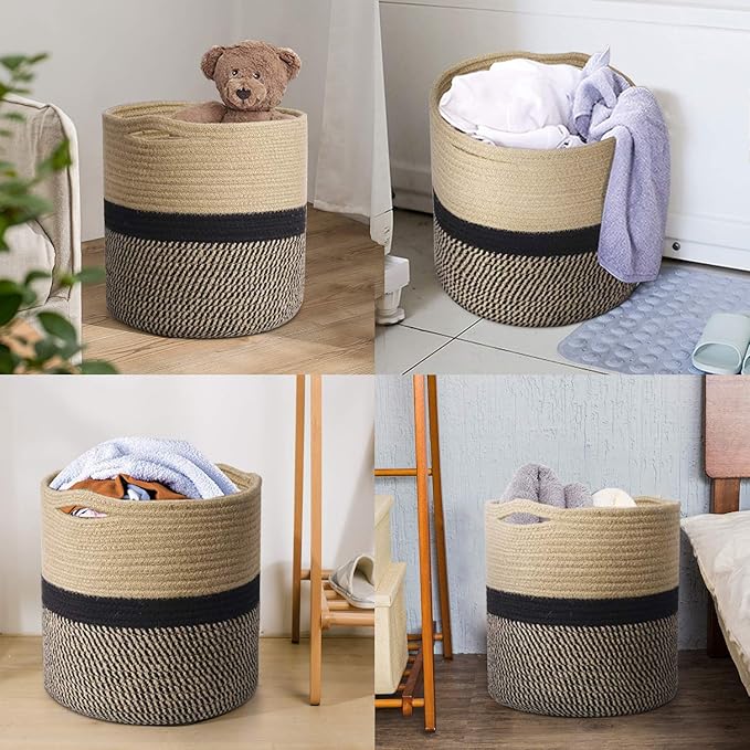 TIMEYARD Sturdy Jute Rope Plant Basket Modern Woven Basket for 11" Flower Pot Floor Indoor Planters, 12.5'' x 12.5'' Storage Organizer Baskets Rustic Home Decor, Black and Beige Stripes