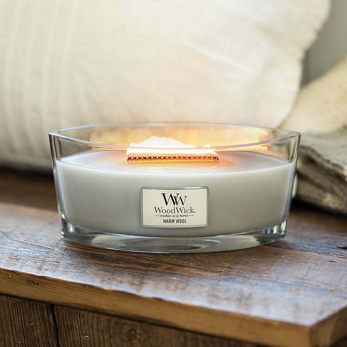 Woodwick Ellipse Scented Candle, Warm Wool, 16oz., Up to 50 Hours Burn Time, Fall Candle with Crackling Wick for Smooth Burn, Soy Wax Blend