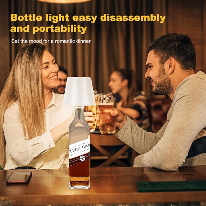 Wireless Bottle Lamp Shade,Rechargeable LED Portable Cordless Table Lamp, 3 Colors Stepless Dimming Touch Wine Bottle Lights for Outdoor Bars Dining Bedroom (White)