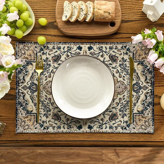 Artoid Mode Boho Placemats Set of 4, Daily Blue Teal Flowes Bohemia Table Mats for Home Party Dining Decoration 12x18 Inch