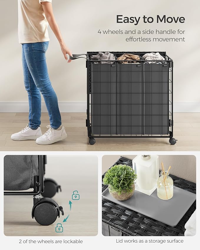 SONGMICS Laundry Hamper, 130L Laundry Basket with Lid, Clothes Hamper with Wheels, Collapsible Removable Liner Bag, Iron-Made Laundry Sorter, Ink Black and Slate Gray ULCB313B11