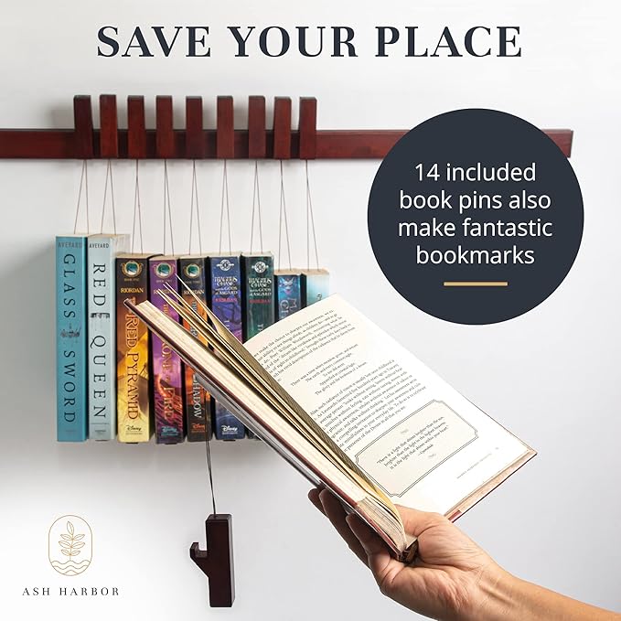 Floating Wall Bookshelf - Wall Mounted Book Organizer with Included Bookmarks - Hardwood Hanging Bookshelf for Bedroom, Living Room, or Kitchen - A Thoughtful Gift for Book Lovers (Dark)