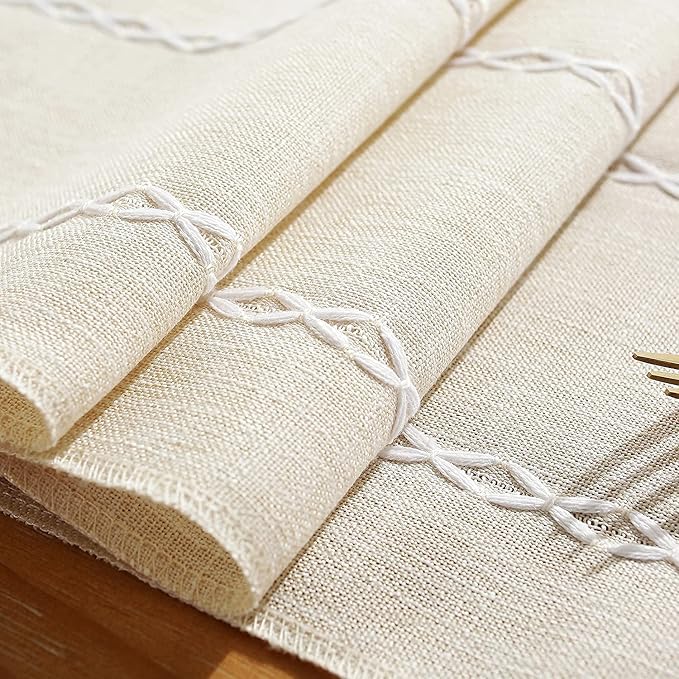 Chassic Rustic Farmhouse Style Linen Table Runner, Boho Handmade Fringe Braided Stripe Table Runners 108 Inches Long for Holiday Party, Wedding and Dining Decorations, 13 x 108 inch - Ivory