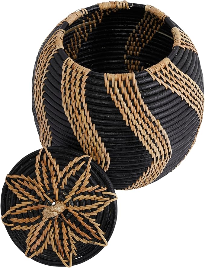 Boho Handwoven Rattan Storage Basket with Lid, Natural and Black