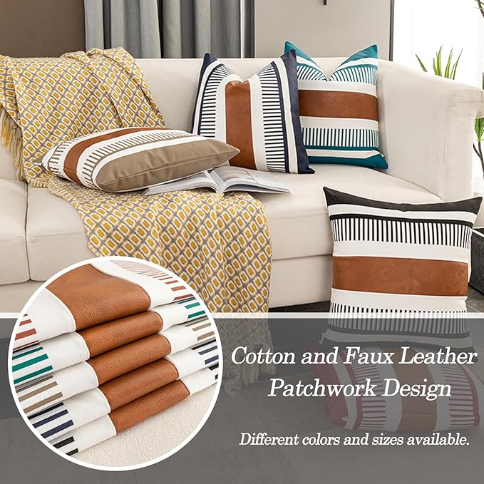 Pack of 2 Farmhouse Throw Pillow Covers for Couch Sofa Decorative Faux Leather Square Cushion Cover Tribal Stripe Accent Pillow Case 18 x 18 Inch,Black