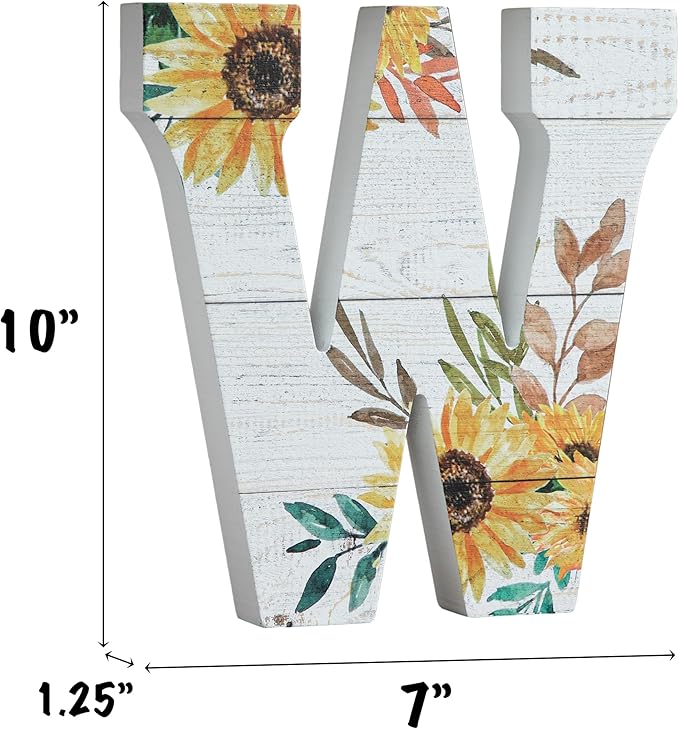 COLLECTIVE HOME - 10" Wood Lettes for Wall Decor, Sunflower Tabletop Alphabet Decoration, DIY Farmhouse Decor, Rustic Freestanding Monogram Block (W)