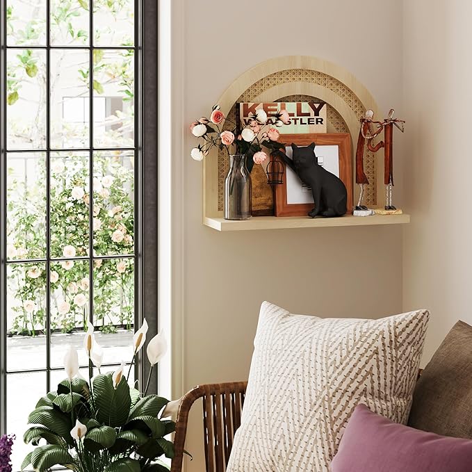 Rattan Wall Arched Shelf - Boho Nursery Decor, Woven Natural Wood Wicker, 15''L Neutral Handcrafted, Rainbow Decorative for Living Room, Bedroom & Bathroom