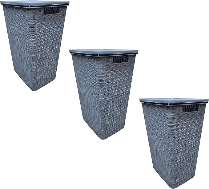 YBM Home Plastic Rattan Laundry Hamper Basket with Hinged Lid, Ventilation Holes, Durable, Lightweight Bin With Cutout Handles, Storage Dirty Clothes, Space Saver,16.75"x13.5"x23.75",Light Grey,3-Pack