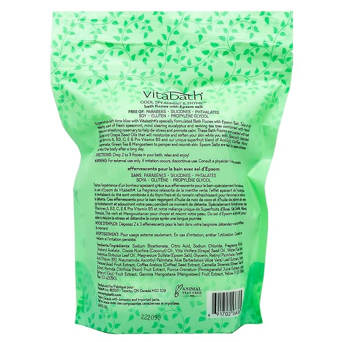 Vitabath Cool Spearmint & Thyme Bath Fizzies with Epsom Salt Relax Nourish Unwind Body & Mind Calming Aromatherapy for Muscle Soreness & Reviving Skin Nourishment - 6 Count