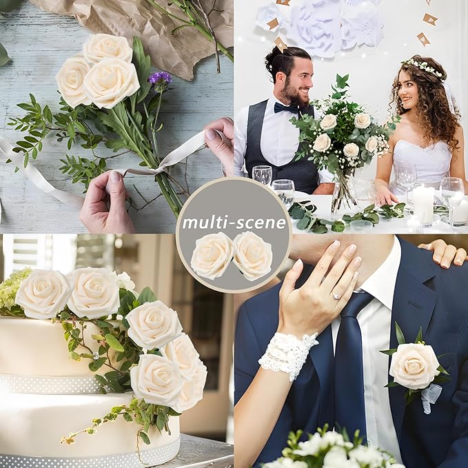 Artificial Flowers 50PCS Champagne Roses Real Looking Foam Fake Roses with Leaves and for DIY Wedding Bouquets Bridal Shower Centerpieces Party Decorations (Champagne)