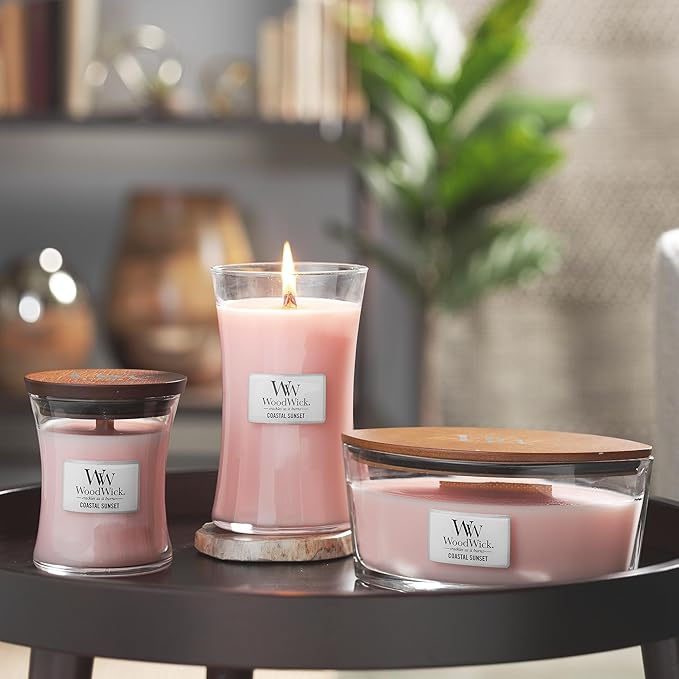 WoodWick Medium Hourglass Candle, Coastal Sunset Scent, Crackles as it burns, Premium Soy Blend Wax, 9.7oz, Perfect for gifting
