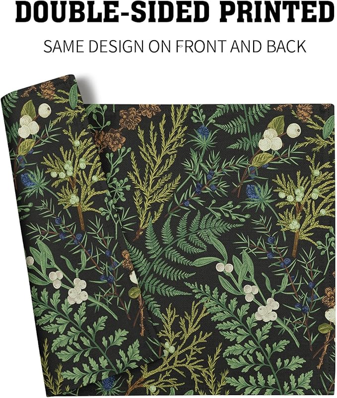 Green Leaves Placemats Set of 4 Botanical Fern Leaf Floral Place Mats Washable Kitchen Dining Spring Summer Black Linen Table Mats Stain Heat-Resistant for Home Party Indoor 12x18 in
